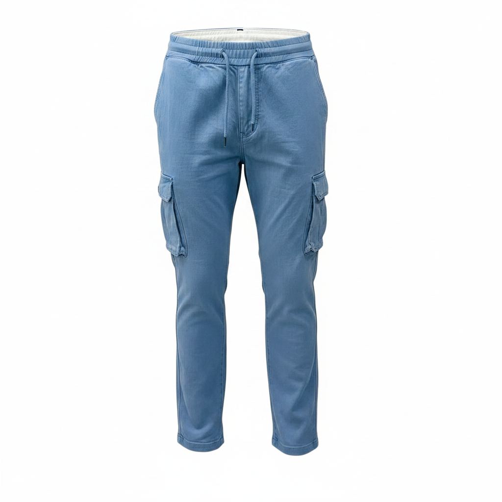 Steel Blue Cargo Trousers - Ghost Mannequin Front