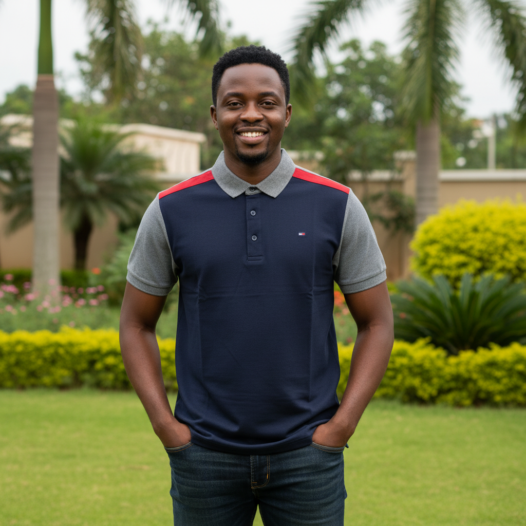Nigerian male model wearing men's navy and grey colour-block polo shirt with red shoulder accent, garden setting