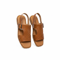 Ghost mannequin pair view of tan brown leather perforated buckle flat slingback sandals