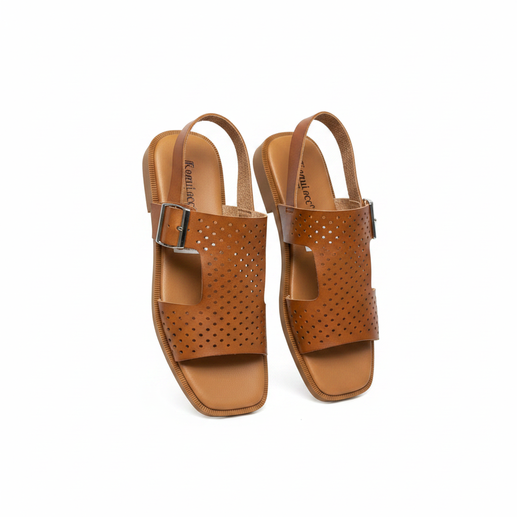 Ghost mannequin pair view of tan brown leather perforated buckle flat slingback sandals