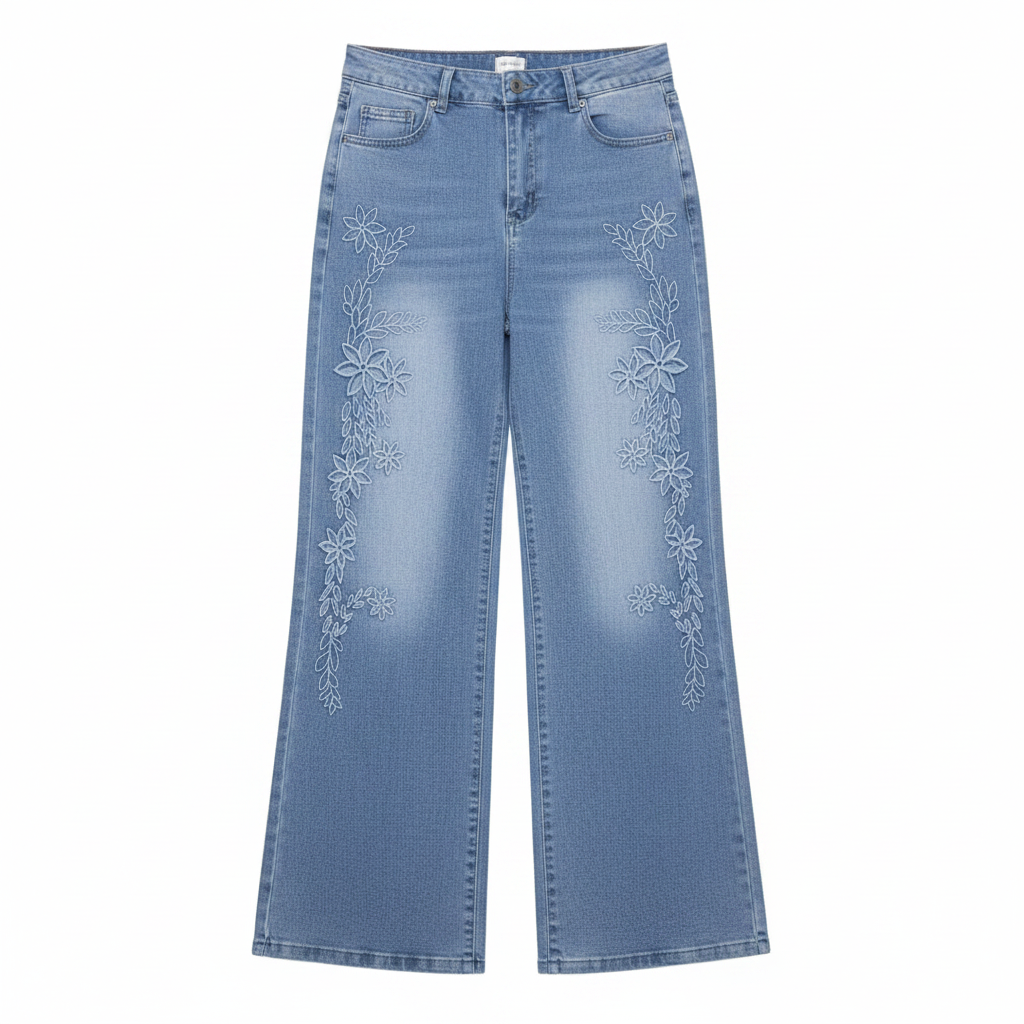 Light Blue Floral Embroidered Wide-Leg Denim Jeans - Ghost Mannequin Front