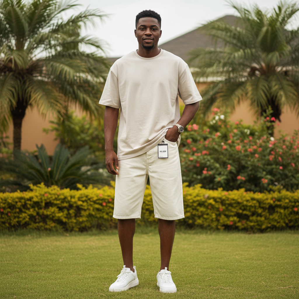 Unisex Cream Denim Jorts – Nigerian Male Model Shot