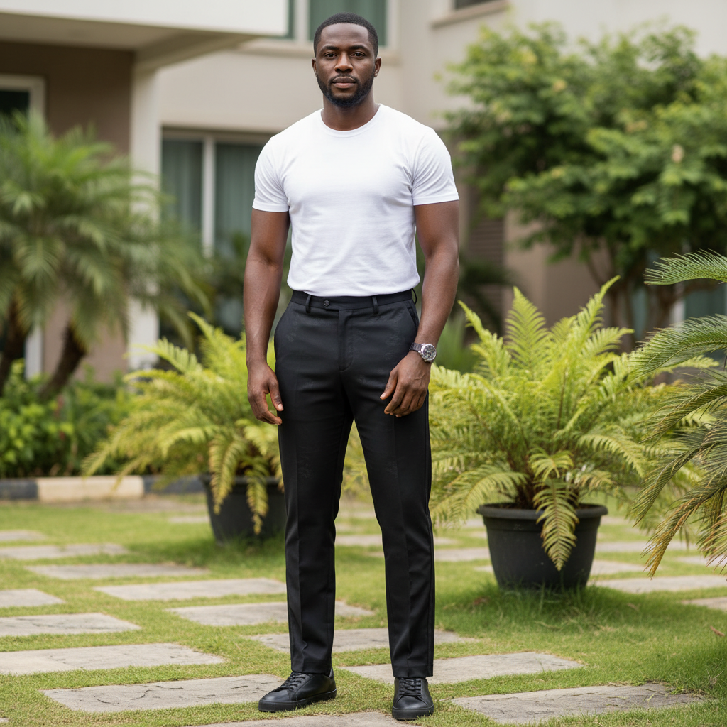 Nigerian male model wearing black tape stripe trousers in outdoor setting