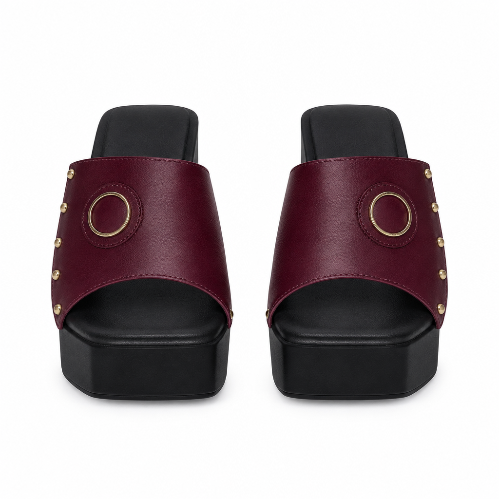 Burgundy gold-ring studded platform slide sandals, front view
