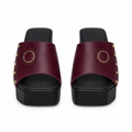 Burgundy gold-ring studded platform slide sandals, front view