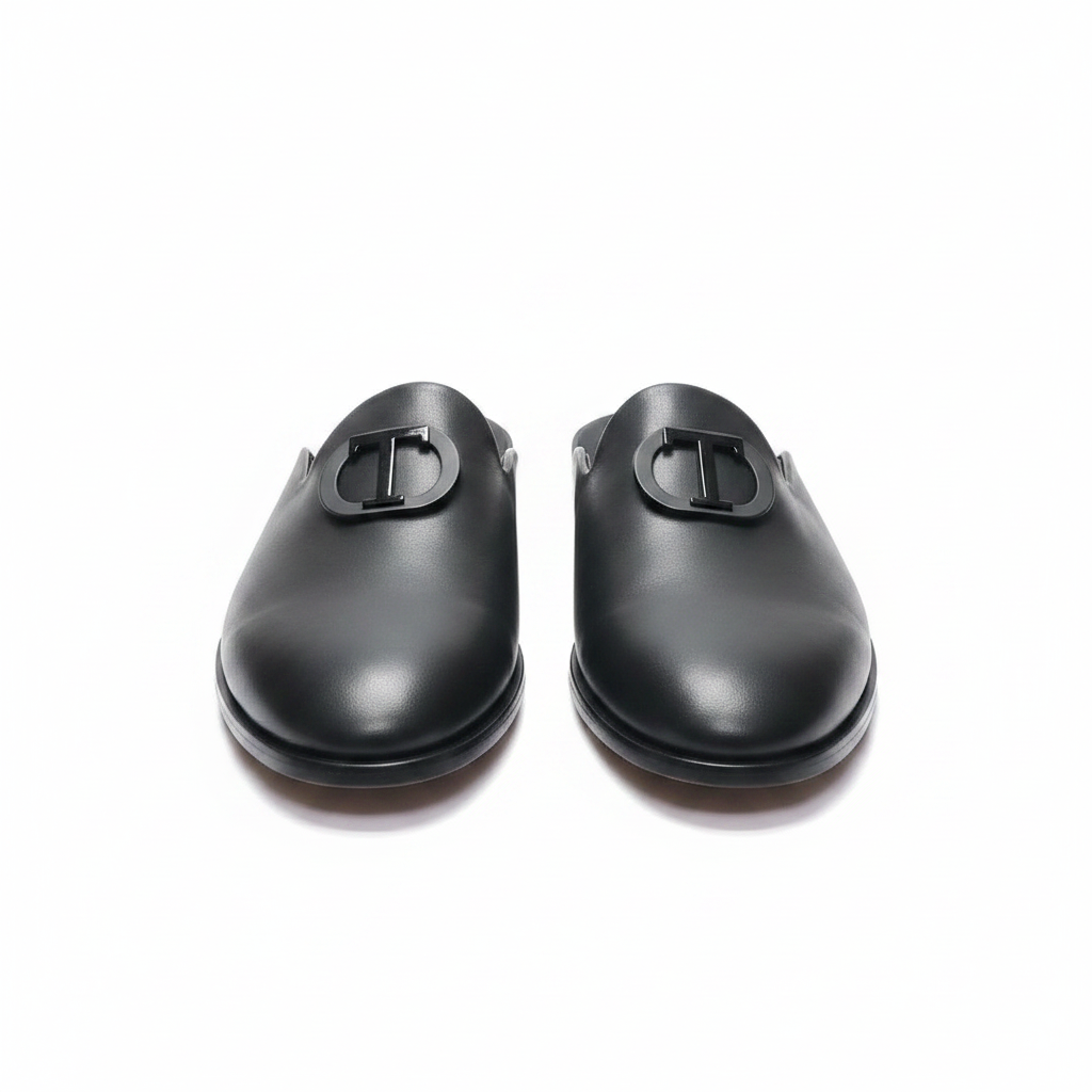 Men's black leather tonal D-buckle half-shoe mule ghost mannequin view