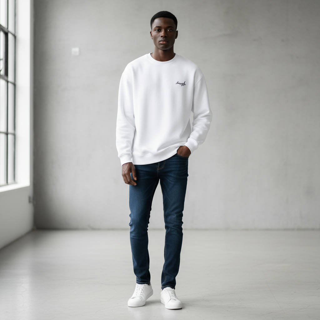 Male model wearing white Simple Tones script sweatshirt front view