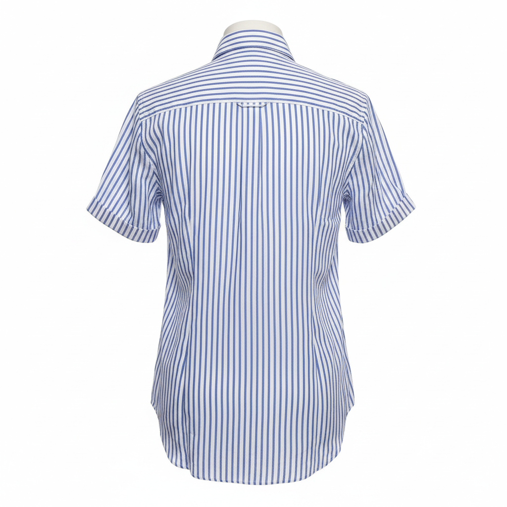 Blue White Striped Short-Sleeved Shirt - Ghost Mannequin Back View