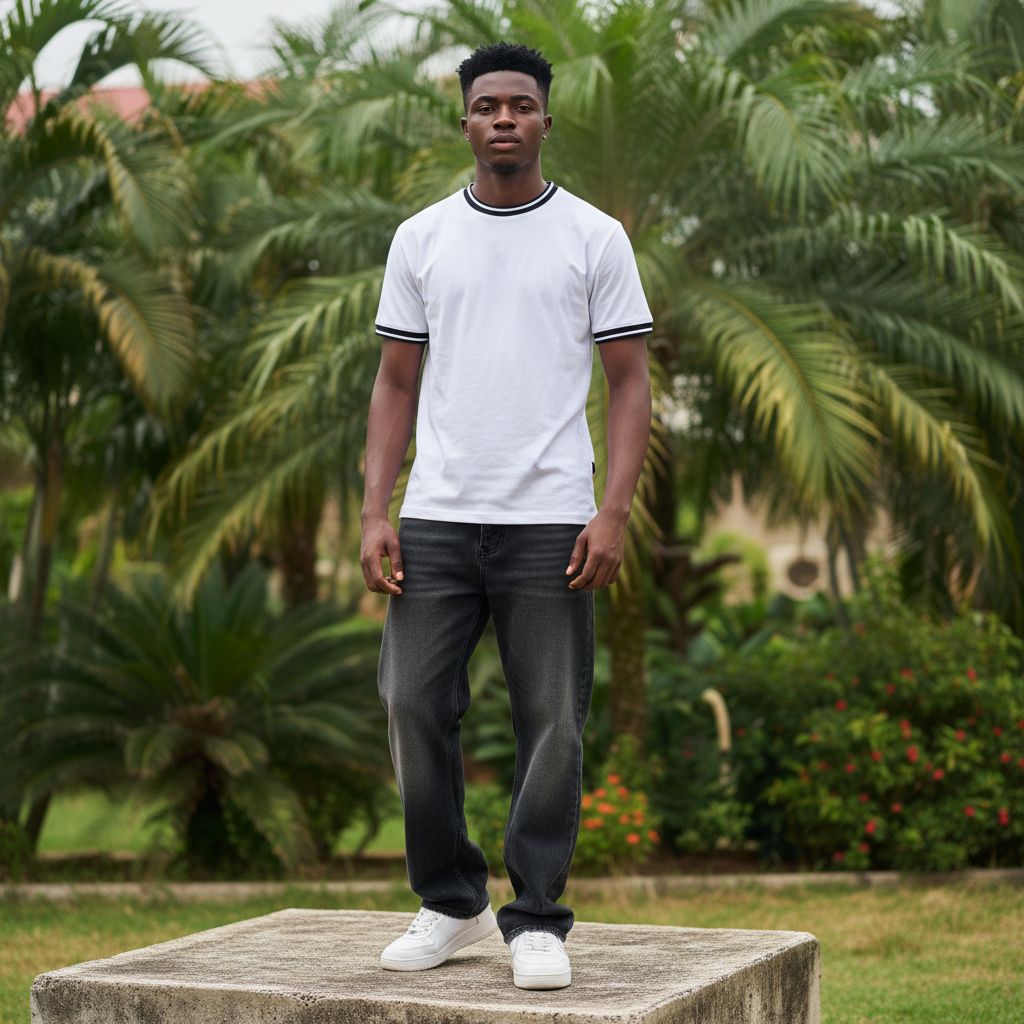 Nigerian male model full body wearing men's white black trim ringer crew-neck t-shirt