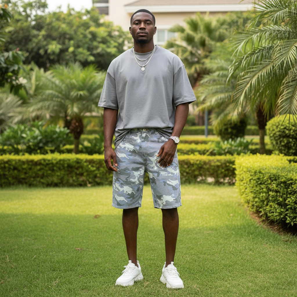 Nigerian male model wearing grey white camo print denim shorts in upscale outdoor setting