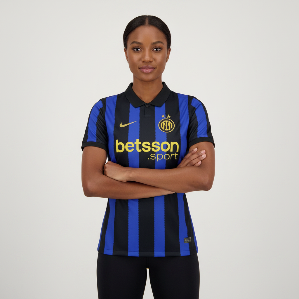 Nigerian female model wearing Inter Milan home jersey