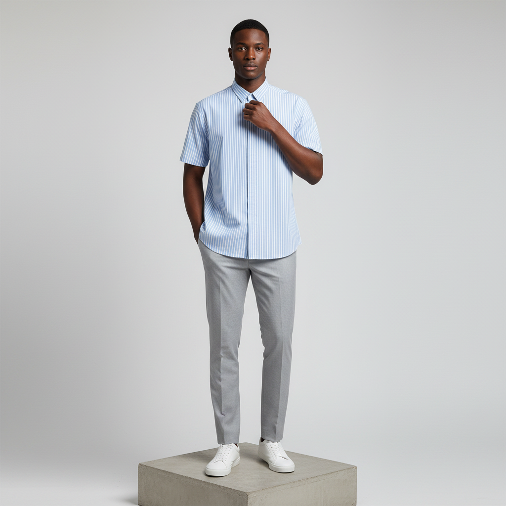 Sky Blue White Stripe Short-Sleeved Shirt - Model Shot