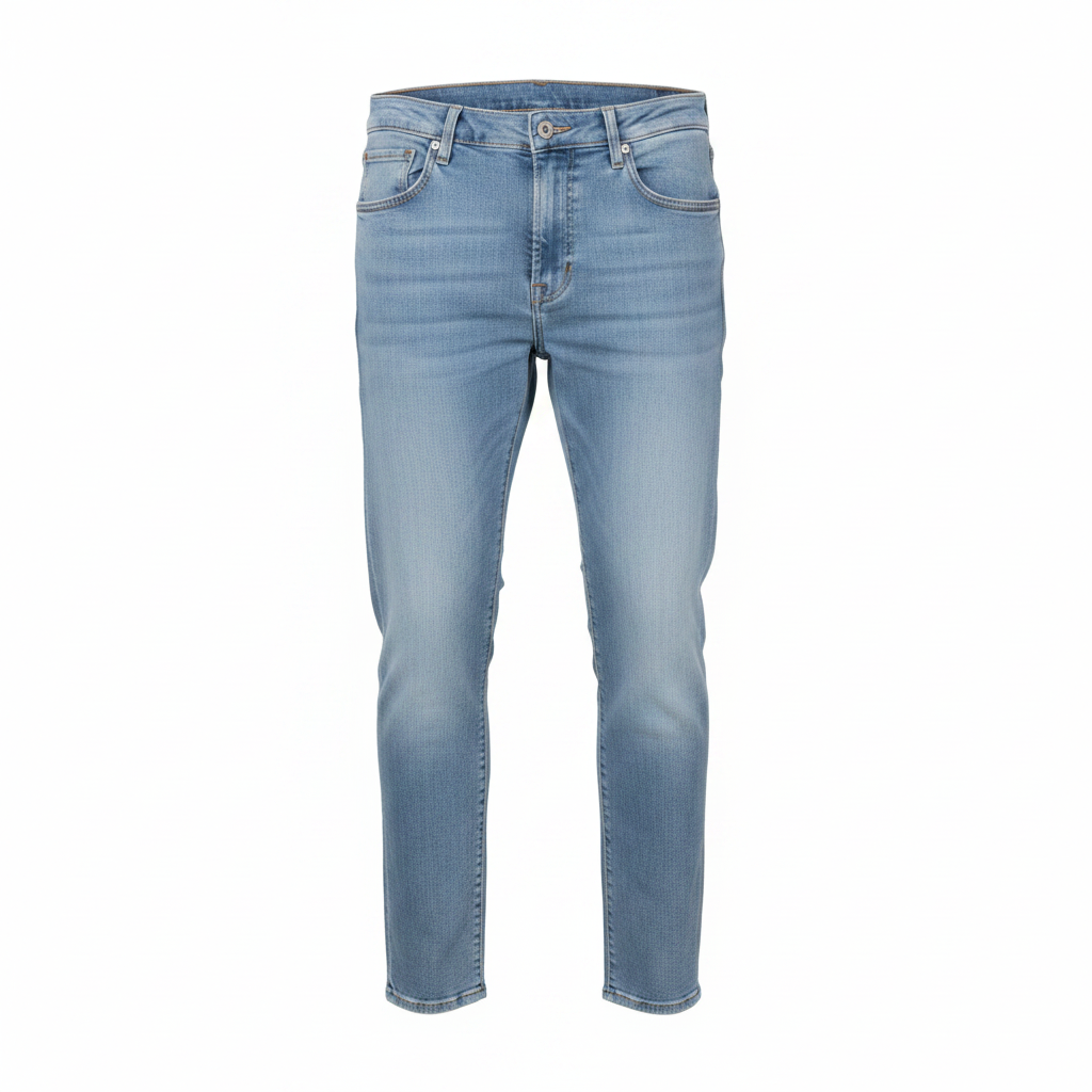 Men's light wash slim denim jeans ghost mannequin front view on white background