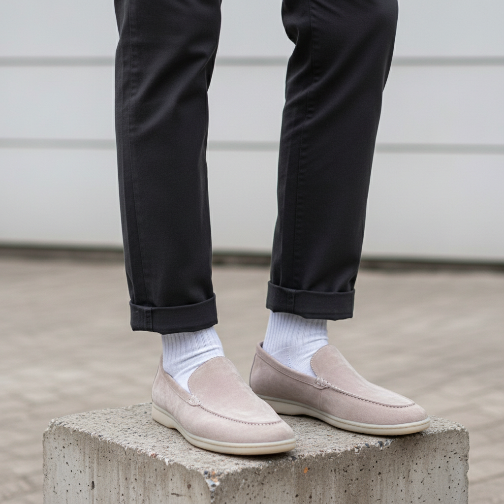 Leg-focused shot of light grey suede slip-on loafers worn on both feet, Gen Z street style