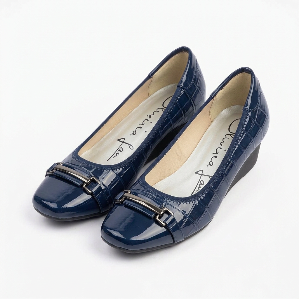 Matching navy square-toe bar-detail wedge shoes