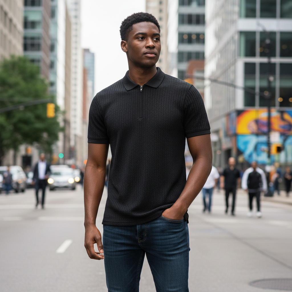Black Textured Jacquard Zip Polo Shirt on Nigerian male model