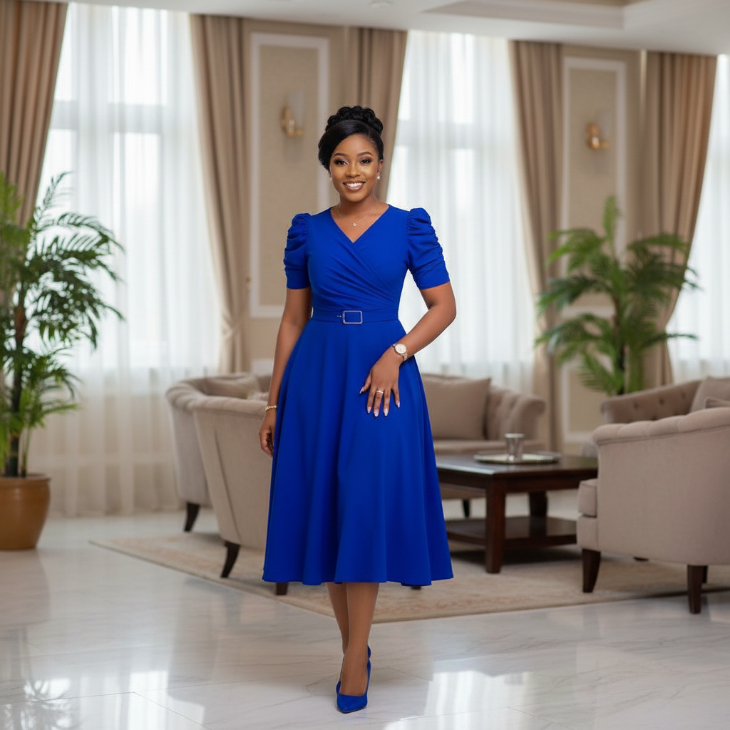 Royal blue belted A-line midi dress on Nigerian female model