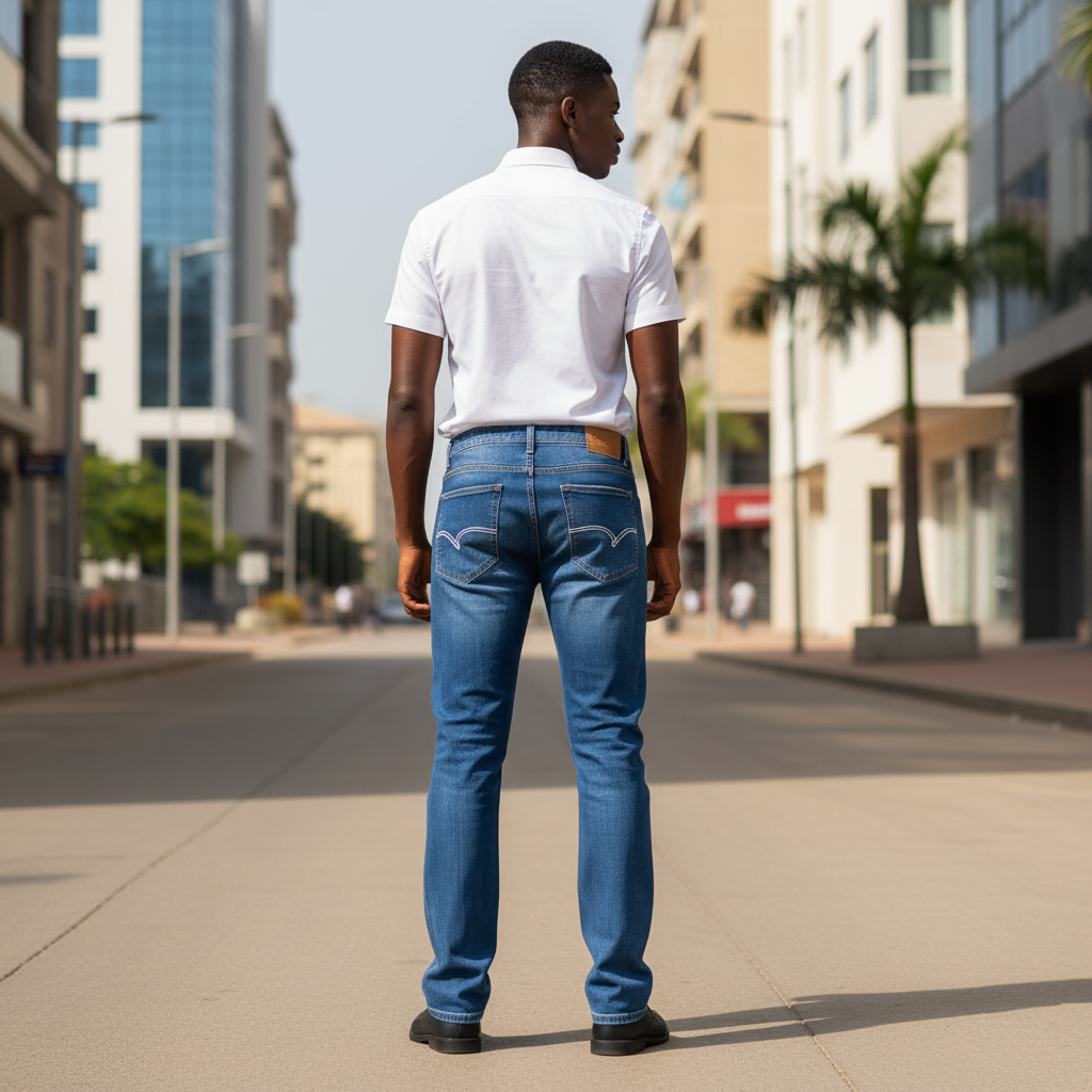 Nigerian model wearing blue straight-leg denim jeans - back view