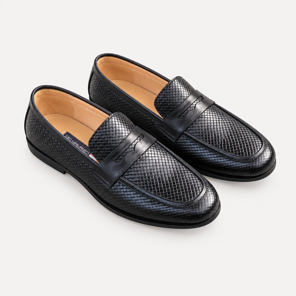 Black men's embossed-texture loafers shown as a complete pair