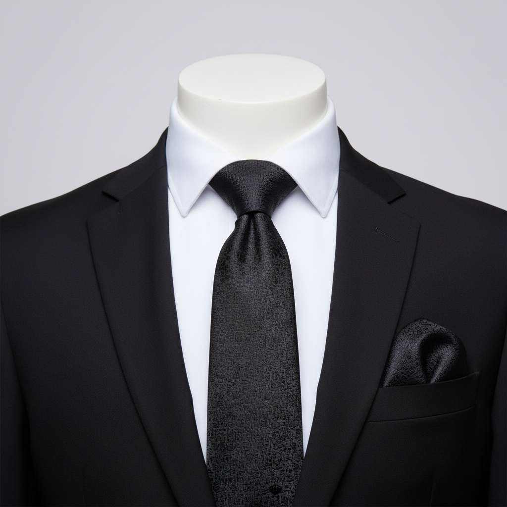 Men's black tonal micro-texture woven necktie and pocket square on ghost mannequin with white shirt and black suit