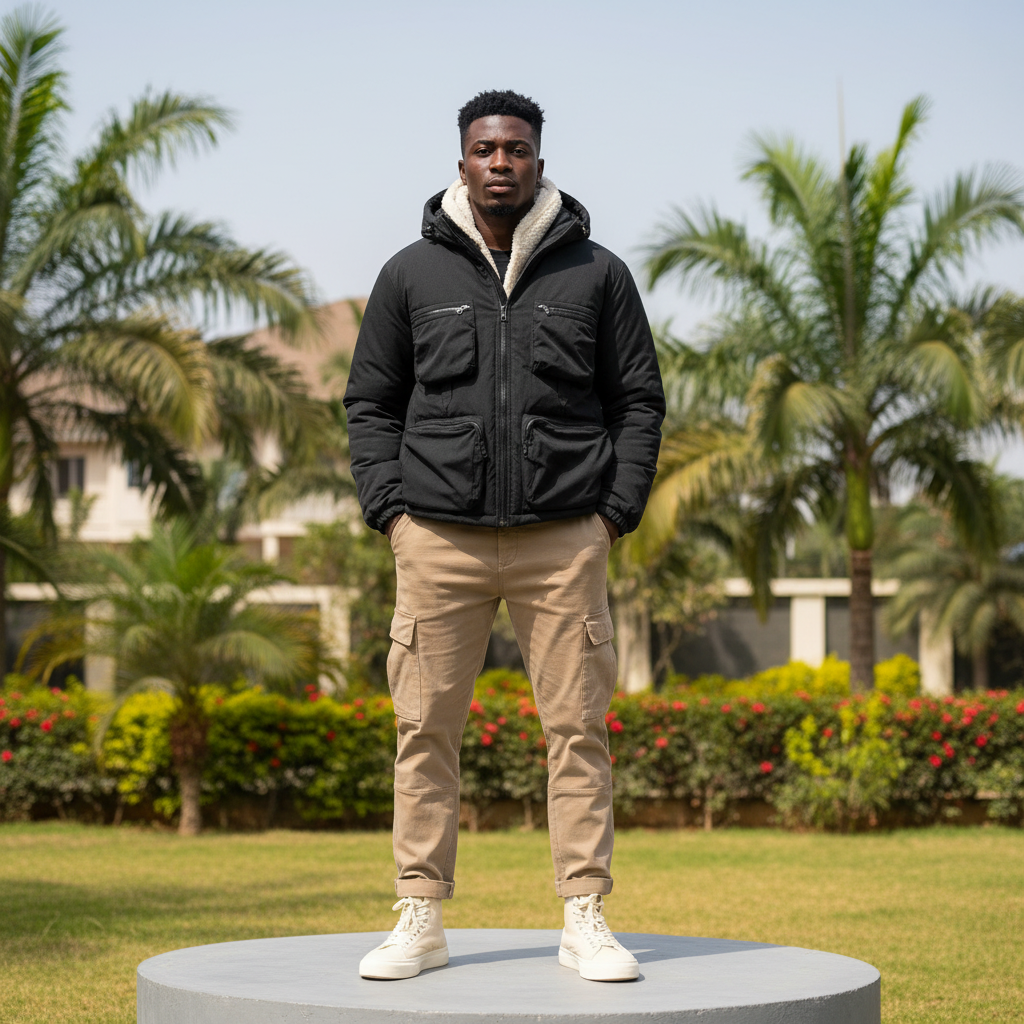 Men's Black Sherpa-Lined Multi-Pocket Hooded Puffer Jacket – Nigerian Male Model Shot
