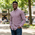Nigerian model wearing Burgundy Pink Grey and White Multi-Tone Plaid Check Long-Sleeve Button-Down Shirt