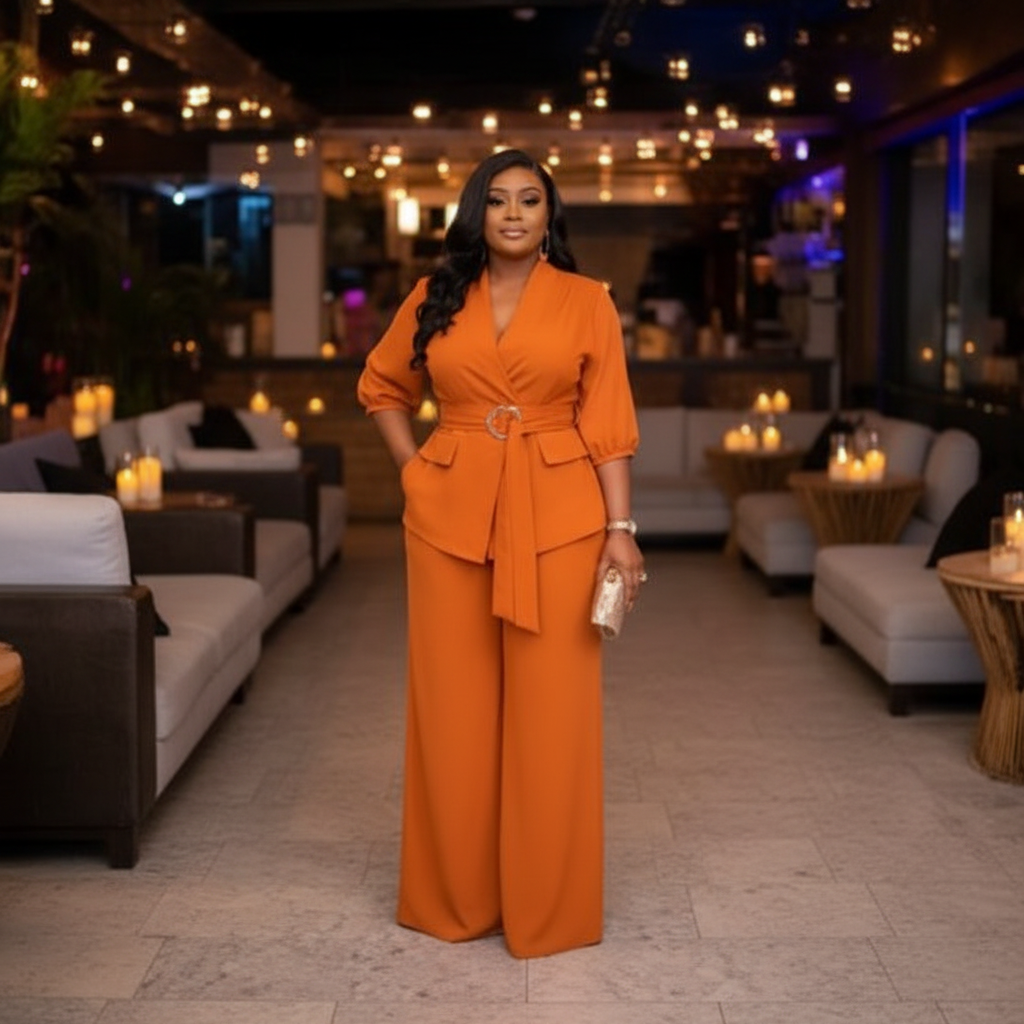 Nigerian woman wearing orange shirt and trouser co-ord set in upscale setting