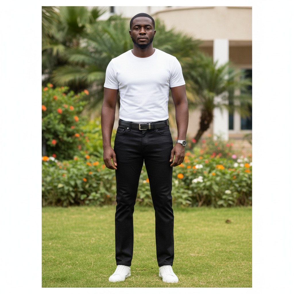 Nigerian male model wearing black trousers with accessories in outdoor setting