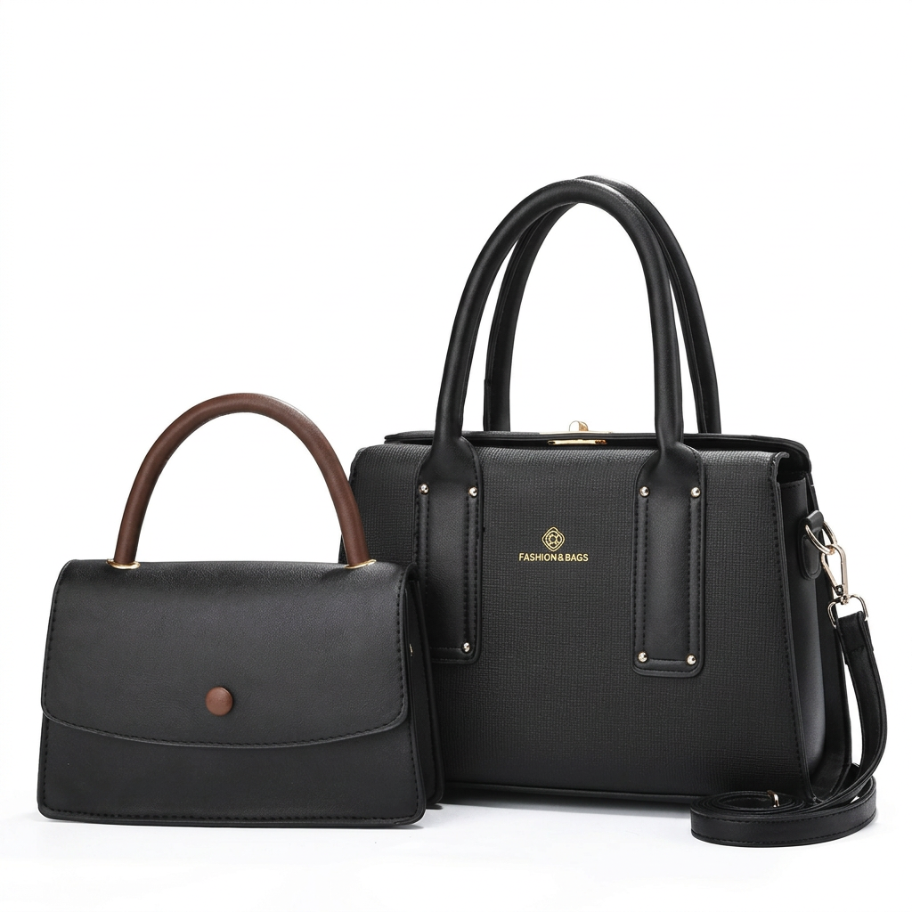 Black textured twin-handle handbag pictured beside smaller black flap bag with brown handle