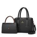 Black textured twin-handle handbag pictured beside smaller black flap bag with brown handle