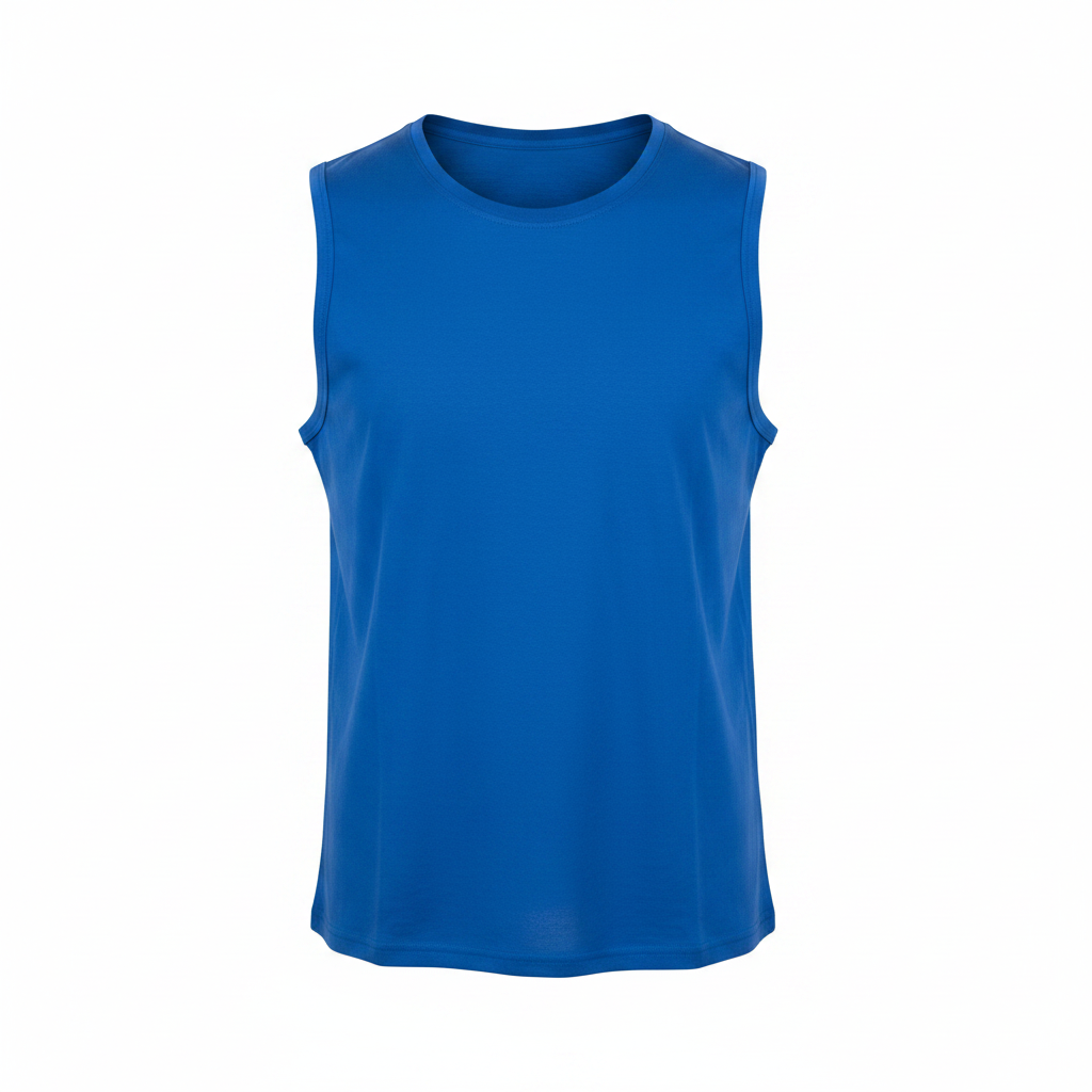 Royal blue sleeveless muscle vest on ghost mannequin, white background