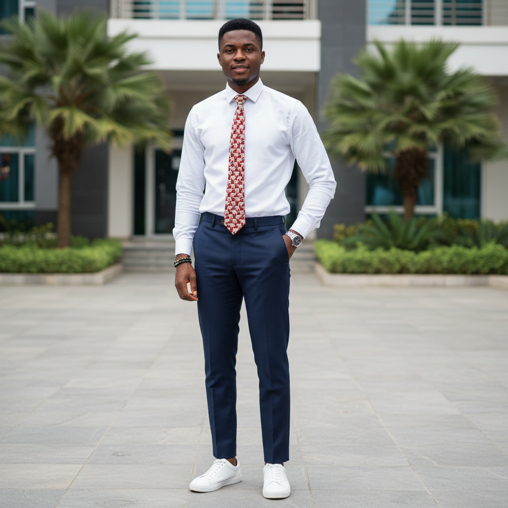 Nigerian male model wearing burgundy cream elephant print woven necktie with white shirt