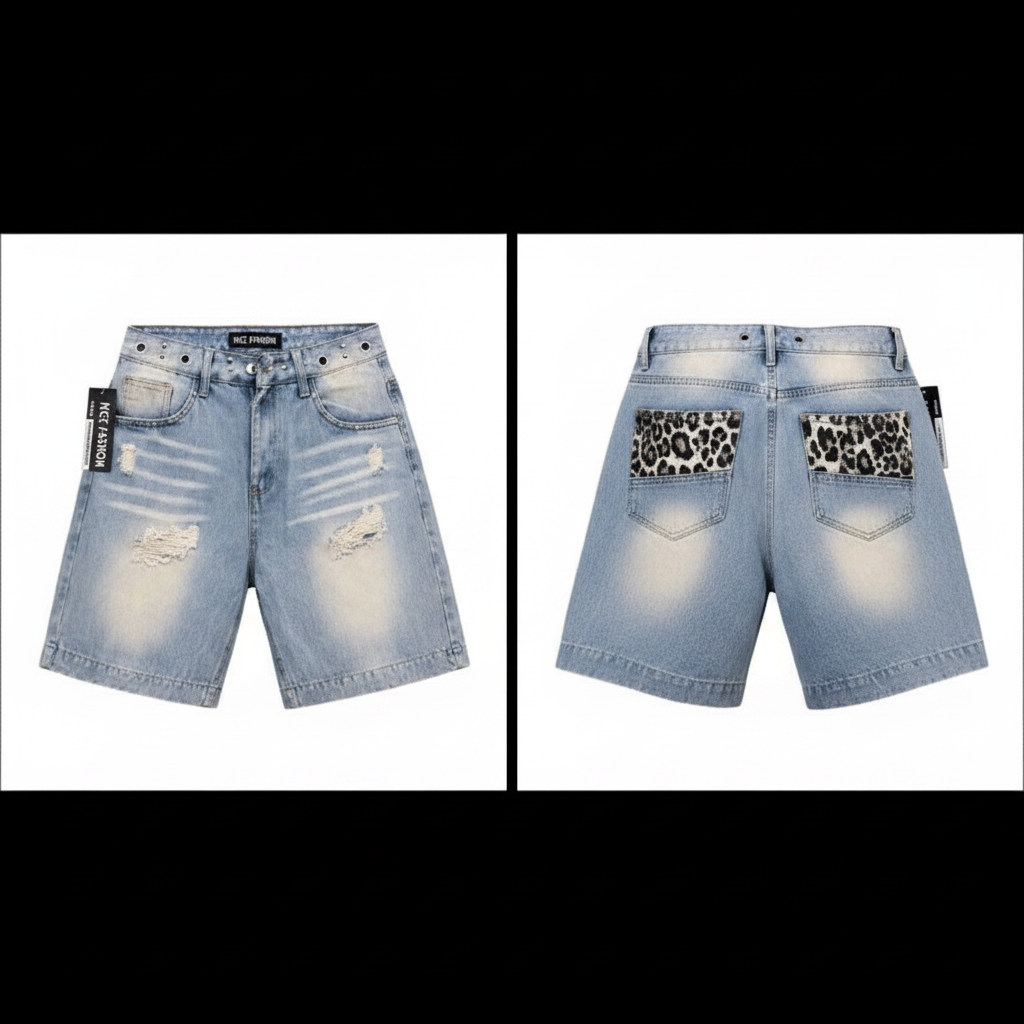 Men's light blue distressed leopard pocket lining wide-leg denim shorts ghost mannequin front and back view