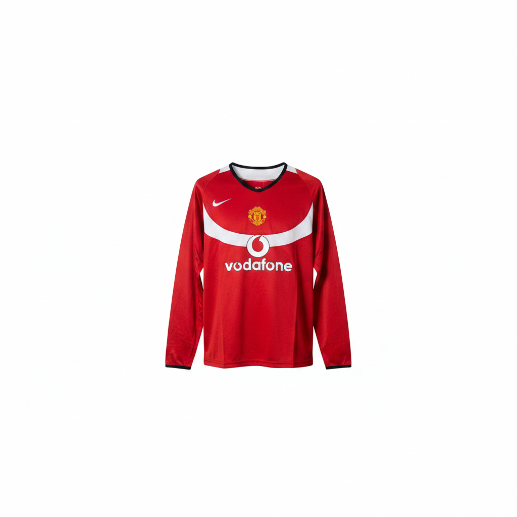 Red long-sleeve retro football jersey with white curved chest panel — ghost mannequin front view