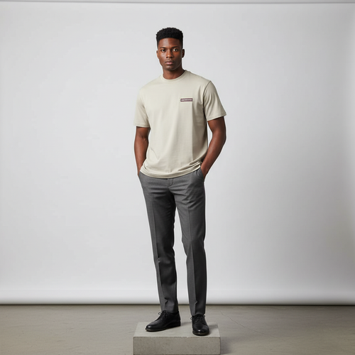 Stone Beige Crew Neck Short-Sleeved Shirt - Model Front