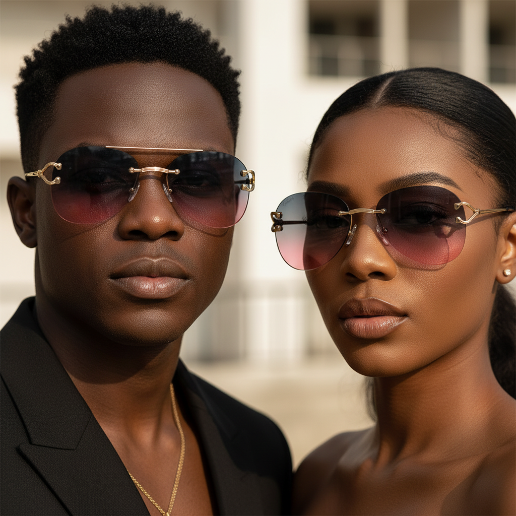 Nigerian male and female models wearing rimless aviator sunglasses gradient blue grey red tint lens slim gold ornate double-bar bridge black acetate tip arms