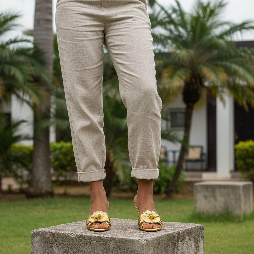 Nigerian female model leg-focused shot wearing gold floral kitten heel slide mules, both feet visible