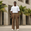 Model wearing brown washed patchwork wide-leg jeans
