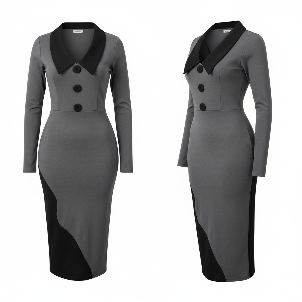 Women's Grey & Black Lapel Button Bodycon Midi Dress – Ghost Mannequin Front and Side View