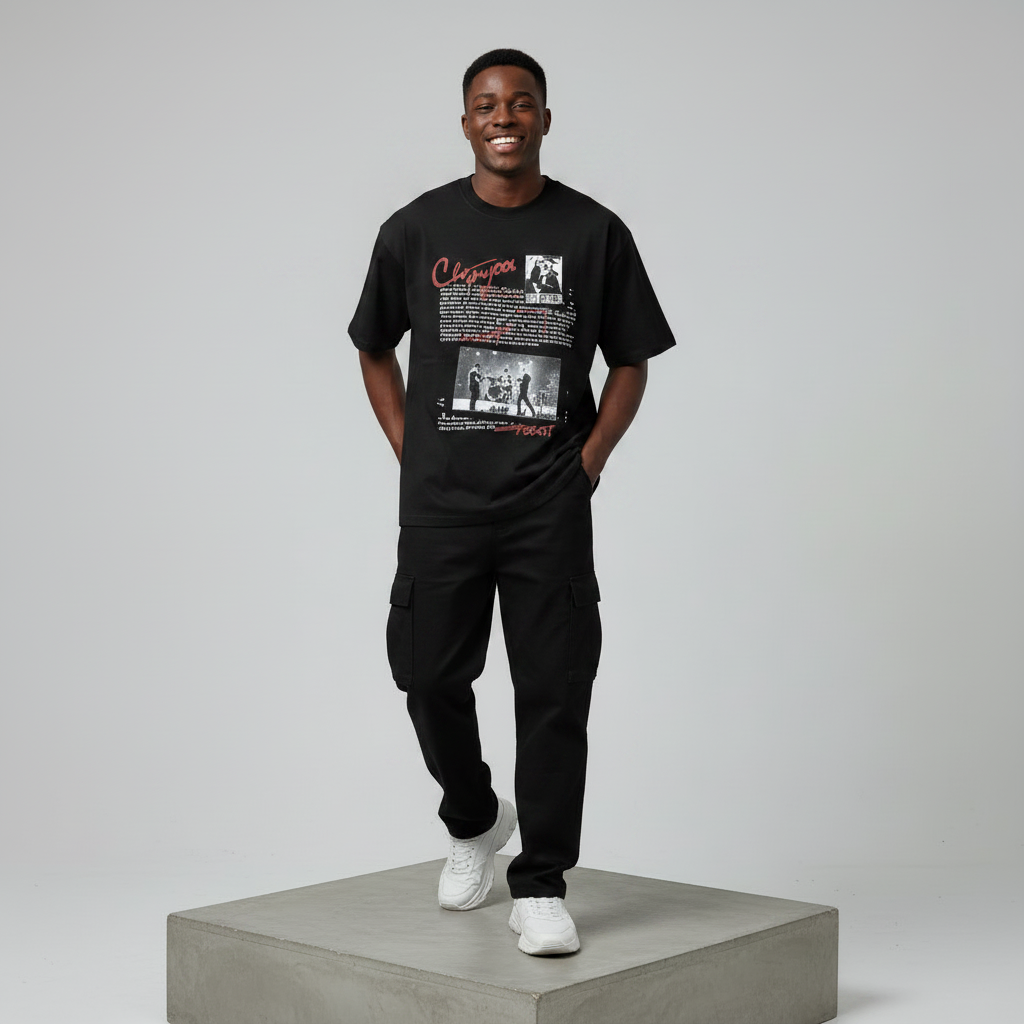 Black Chanyoo Collage Graphic Oversized Tee - Male Model Front
