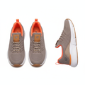 Men's taupe knit slip-on sneaker with orange accent ghost mannequin front and side view pair