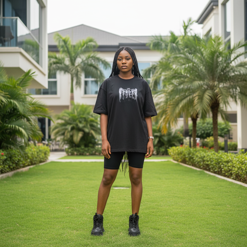 Women's black boxy gothic drip lettering graphic oversized tee - model shot