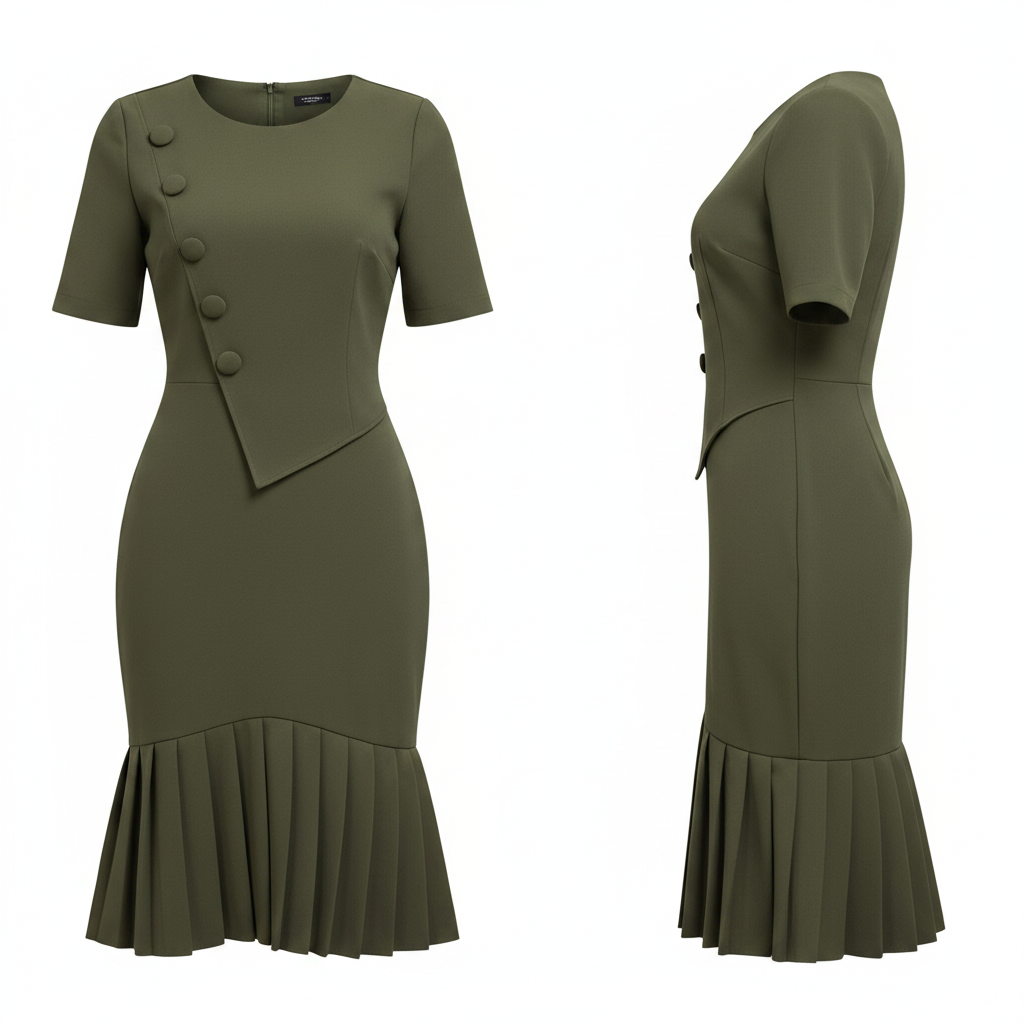 Women's Olive Green Pleated Hem Bodycon Midi Dress – Ghost Mannequin Front and Side View