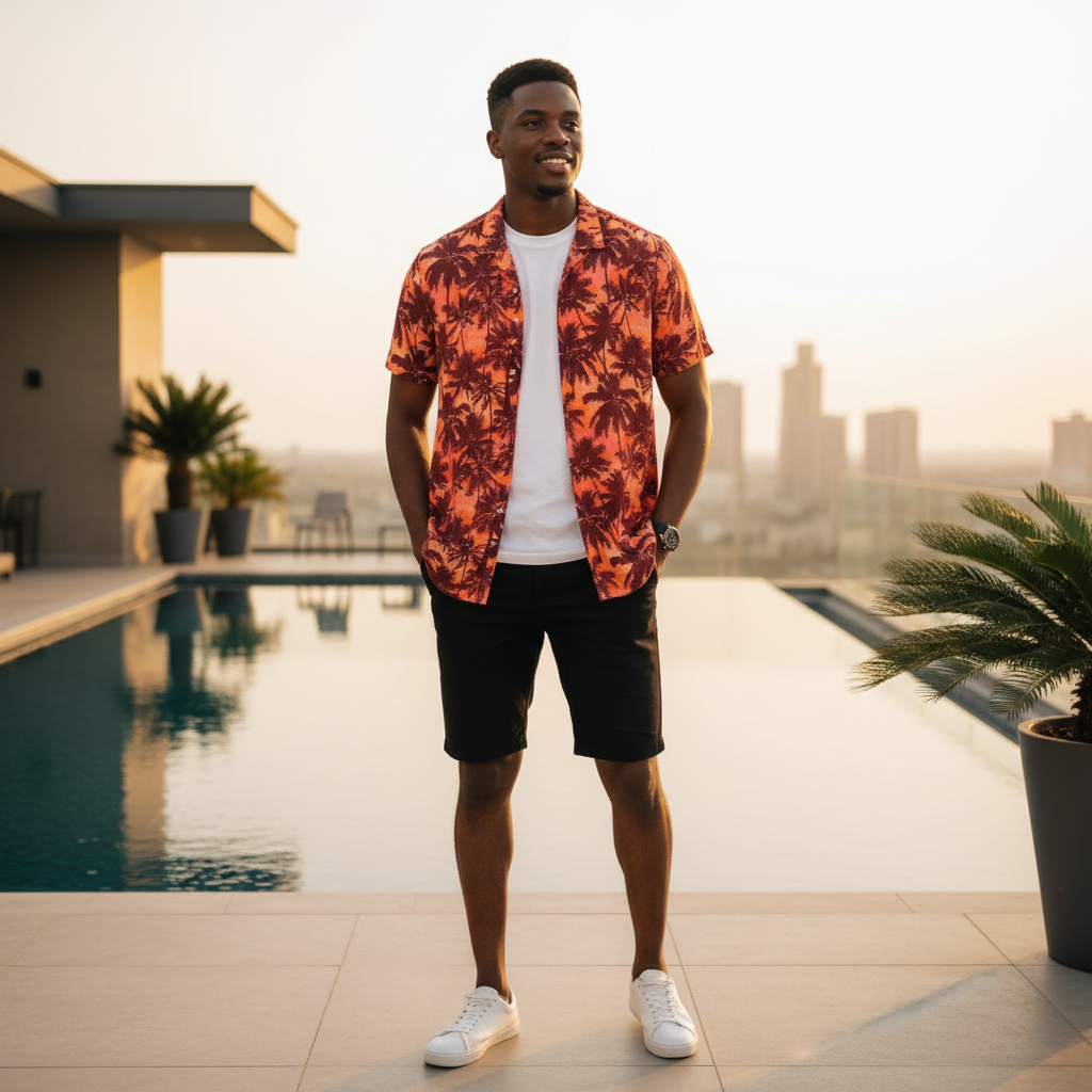 Sunset Palm Tree Print Camp Shirt – Model Shot