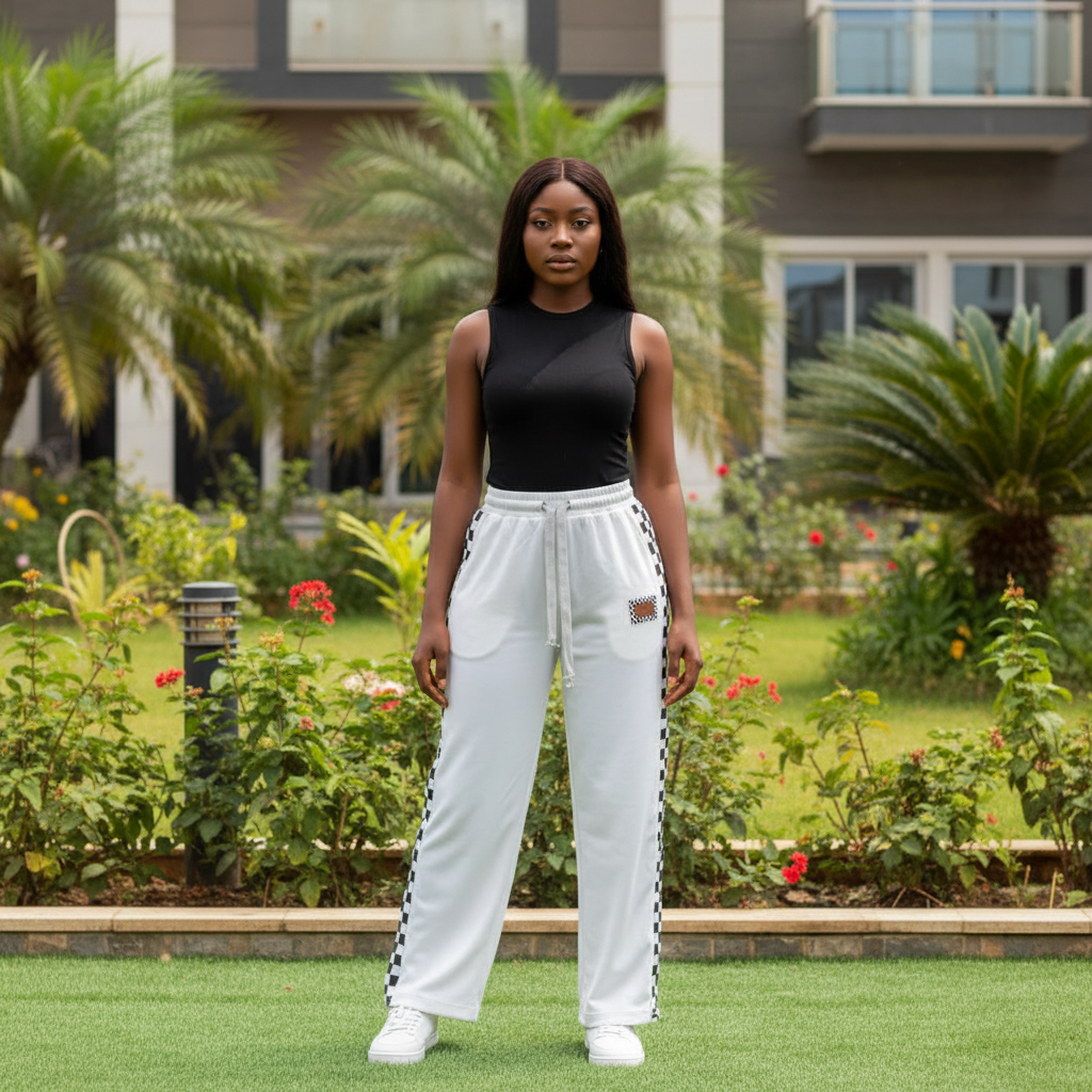 Women's white wide-leg checkerboard trim trousers with embroidered patch - model shot