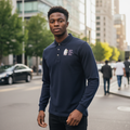 Navy Long Sleeve Graphic Polo Shirt on Nigerian male model