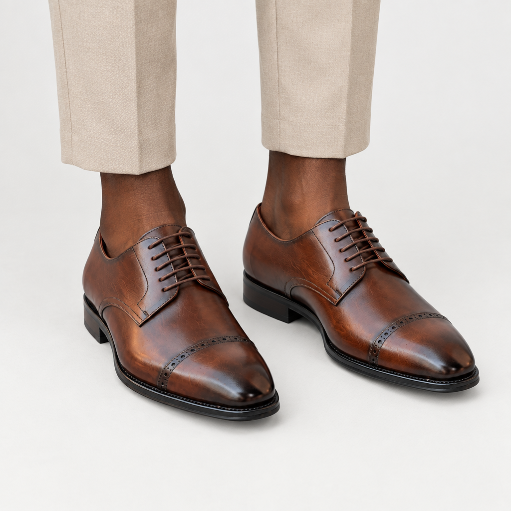 Brown cap-toe lace-up shoes worn with beige trousers