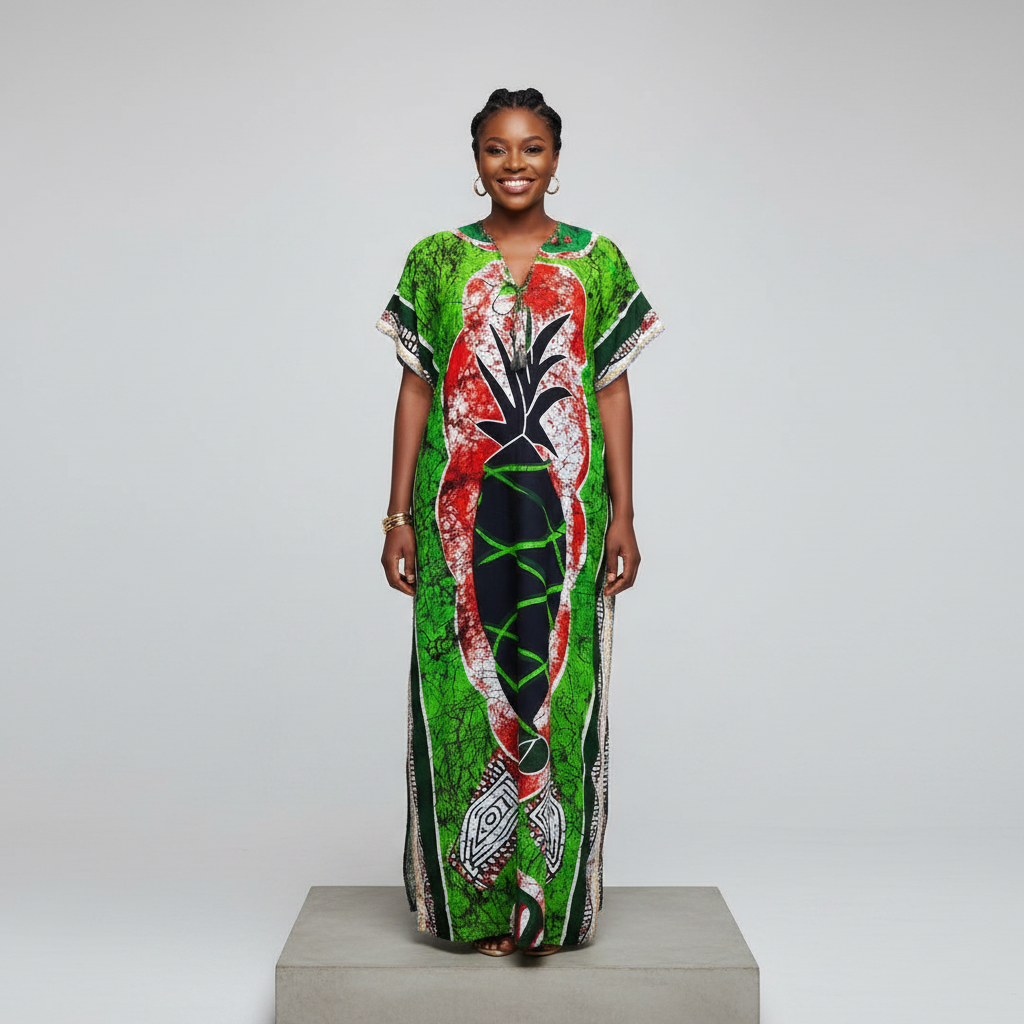Green Adire Pineapple Print Long Bubu Gown – Model Front View