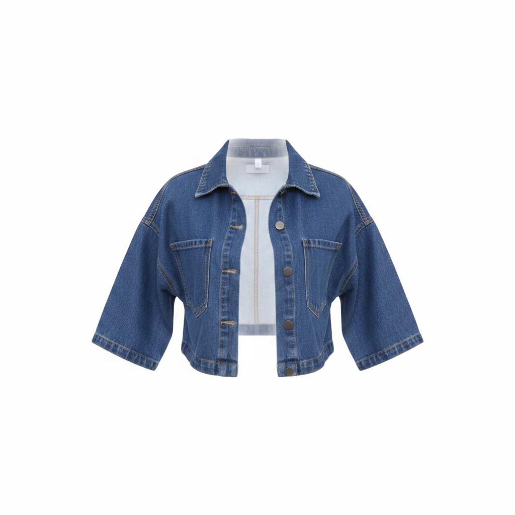 Medium Blue Cropped Short-Sleeve Denim Jacket - Ghost Mannequin Front