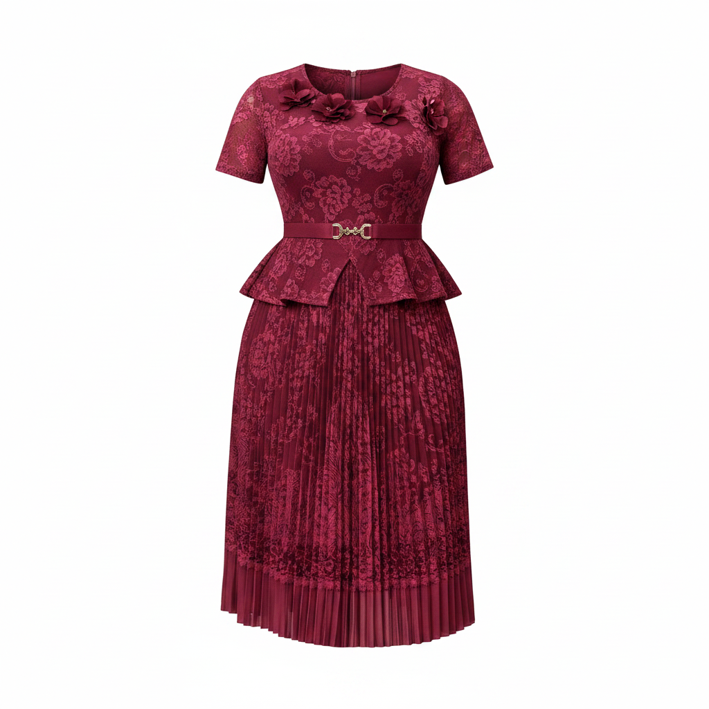 Ghost mannequin view of burgundy lace floral peplum top and pleated midi skirt set